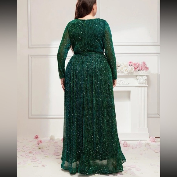 Plus Surplice Neck Long Sleeves Swiss Dot Belted Chiffon Party Dress